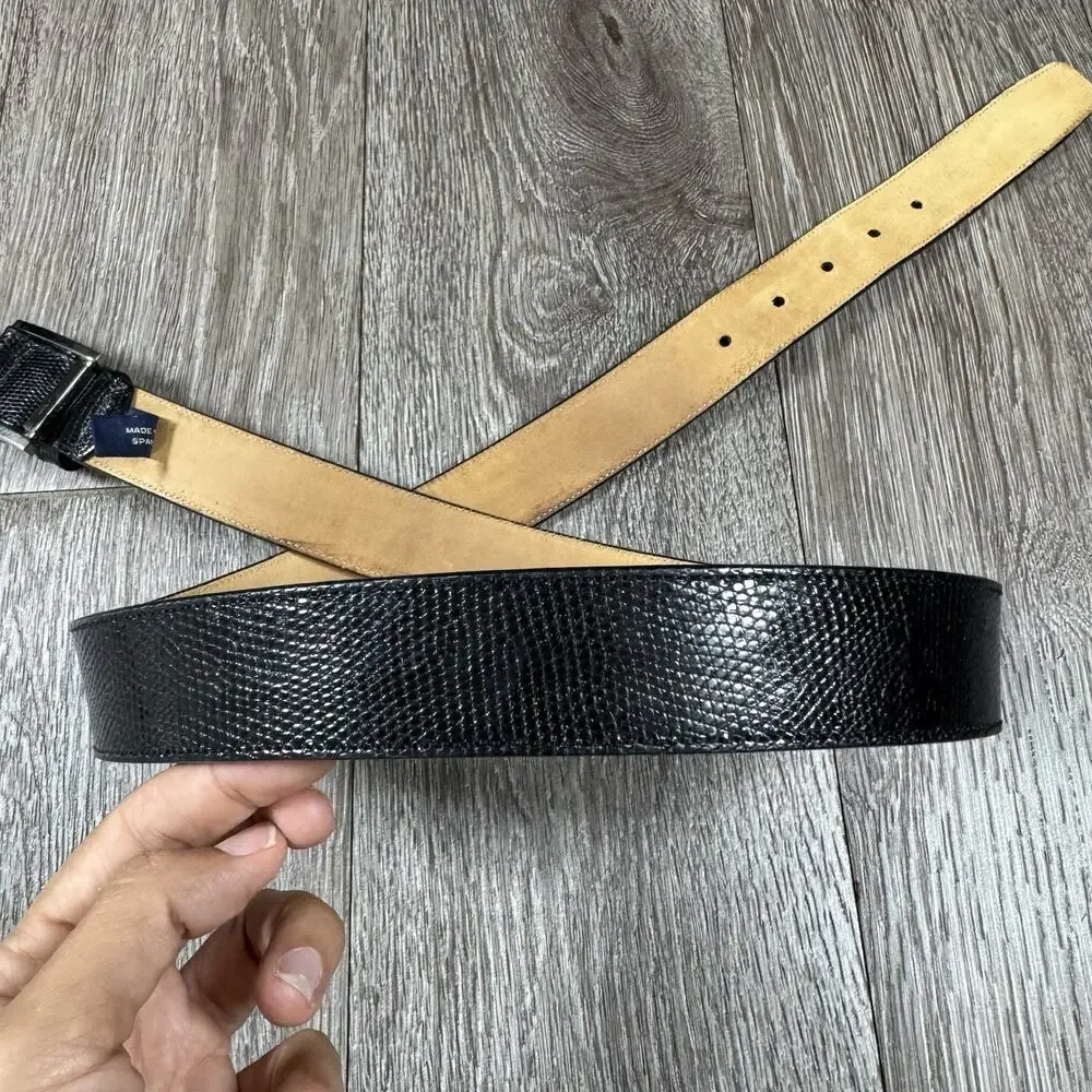 Mens genuine lizard exotic Belt black 38 made spain mezlan nickel buckle loops
